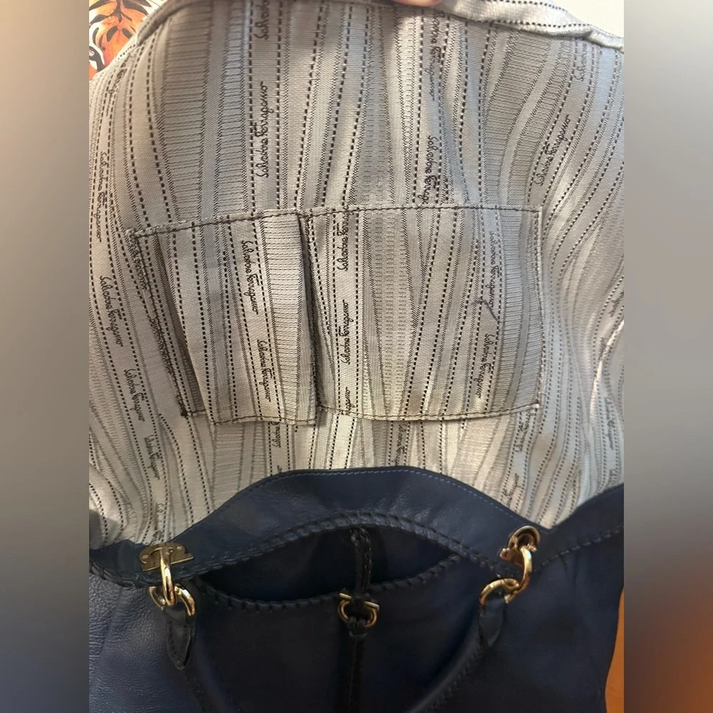 Salvatore Ferragamo Navy Gancini Braided Tote Bag VGUC - Picture 13 of 16